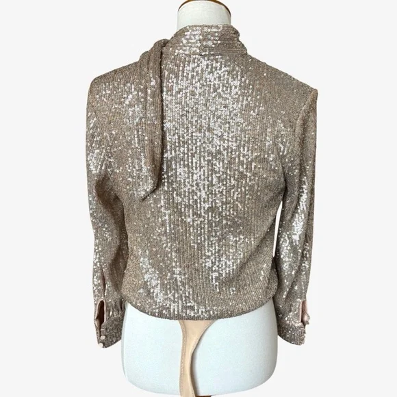 Jonathan Simkhai Sequin Metallic Long Sleeve Tie Neck Champagne Glam Bodysuit XS - Picture 5 of 9